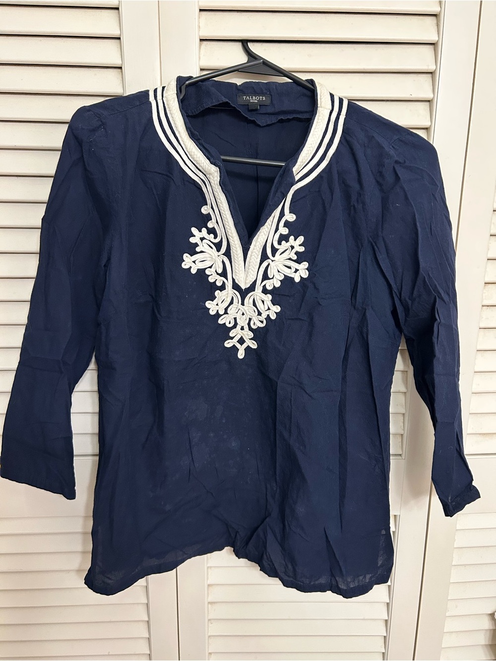 Talbots Navy Tunic with White Embroidered V-Neck
